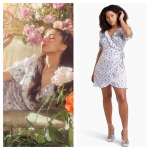 Hill House 100% Silk Nima Wrap Mini Dress Small Blue Floral Coquette Girly Satin